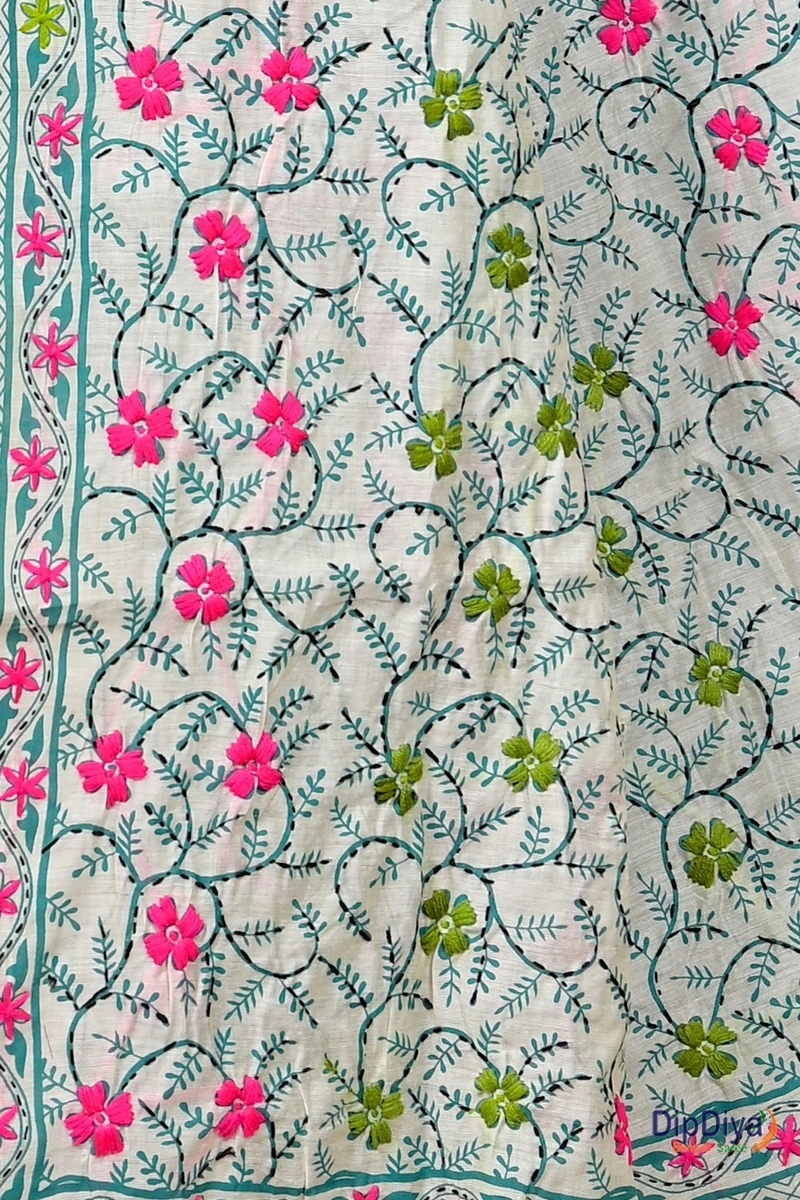 White Cotton Varitikath Kantha Stitch Saree (596)